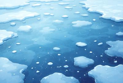 The primary subject of the image is a large body of water with ice floating on top of it. The setting is a blue ocean, and the visual style is a digital art or illustration. The colors and mood of the image are predominantly blue, creating a calm and serene atmosphere.